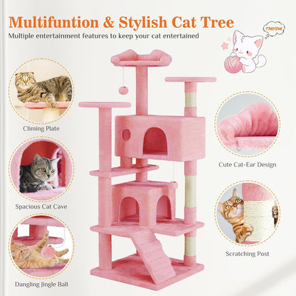 54-Inch Cat Tree Tower – Multi-Level with Sisal Scratching Post, Perfect Pet Gift, Indoor Condo with Climbing Ladder, Plush Toy, and More Animal Stuff, Pink