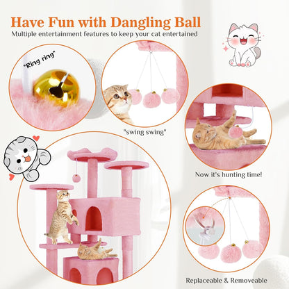 54-Inch Cat Tree Tower – Multi-Level with Sisal Scratching Post, Perfect Pet Gift, Indoor Condo with Climbing Ladder, Plush Toy, and More Animal Stuff, Pink