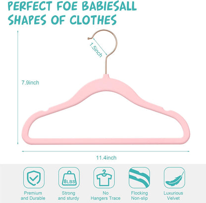 50 Pack Velvet Baby Clothes Hangers, Pink, Non-Slip, Space-Saving