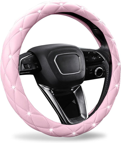 Pink Steering Wheel Cover 2026, Auto Cute Diamond Bling Comfort Leather Girly Car Interior Accessories Protector Sparkly Automotive Decoration for Women Girl Coquette