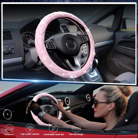 Pink Steering Wheel Cover 2026, Auto Cute Diamond Bling Comfort Leather Girly Car Interior Accessories Protector Sparkly Automotive Decoration for Women Girl Coquette