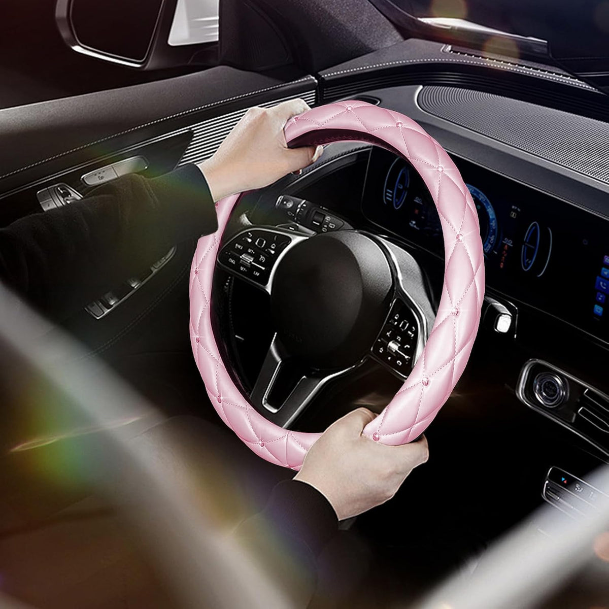 Pink Steering Wheel Cover 2026, Auto Cute Diamond Bling Comfort Leather Girly Car Interior Accessories Protector Sparkly Automotive Decoration for Women Girl Coquette