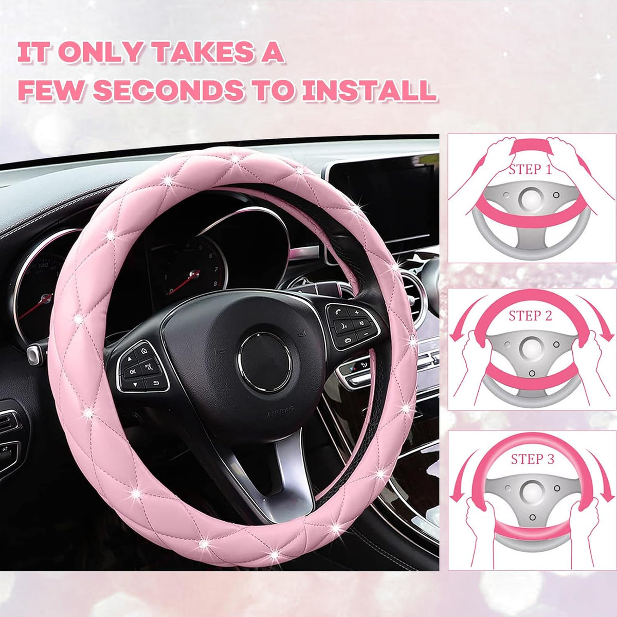 Pink Steering Wheel Cover 2026, Auto Cute Diamond Bling Comfort Leather Girly Car Interior Accessories Protector Sparkly Automotive Decoration for Women Girl Coquette
