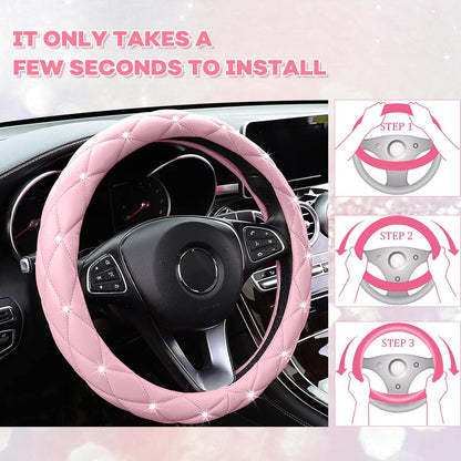 Pink Steering Wheel Cover 2026, Auto Cute Diamond Bling Comfort Leather Girly Car Interior Accessories Protector Sparkly Automotive Decoration for Women Girl Coquette