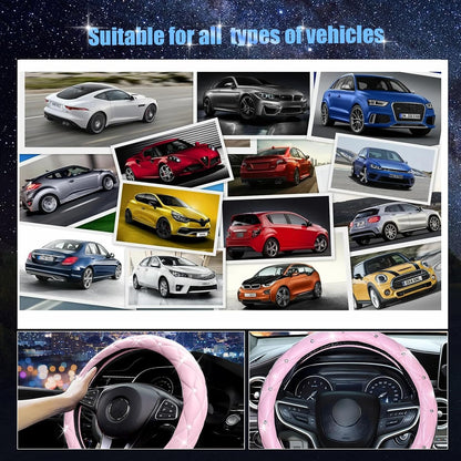 Pink Steering Wheel Cover 2026, Auto Cute Diamond Bling Comfort Leather Girly Car Interior Accessories Protector Sparkly Automotive Decoration for Women Girl Coquette