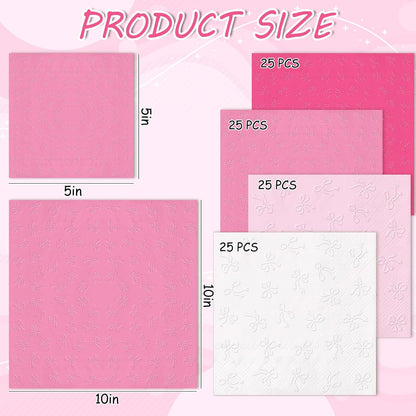 100Pcs Pink Bow Cocktail Napkins Coquette Cute Bow Embossed Paper Napkin Pink Bowknot Disposable Beverage Napkin for Bachelorette Birthday Party Supplies(4 Colors, 3 Ply)