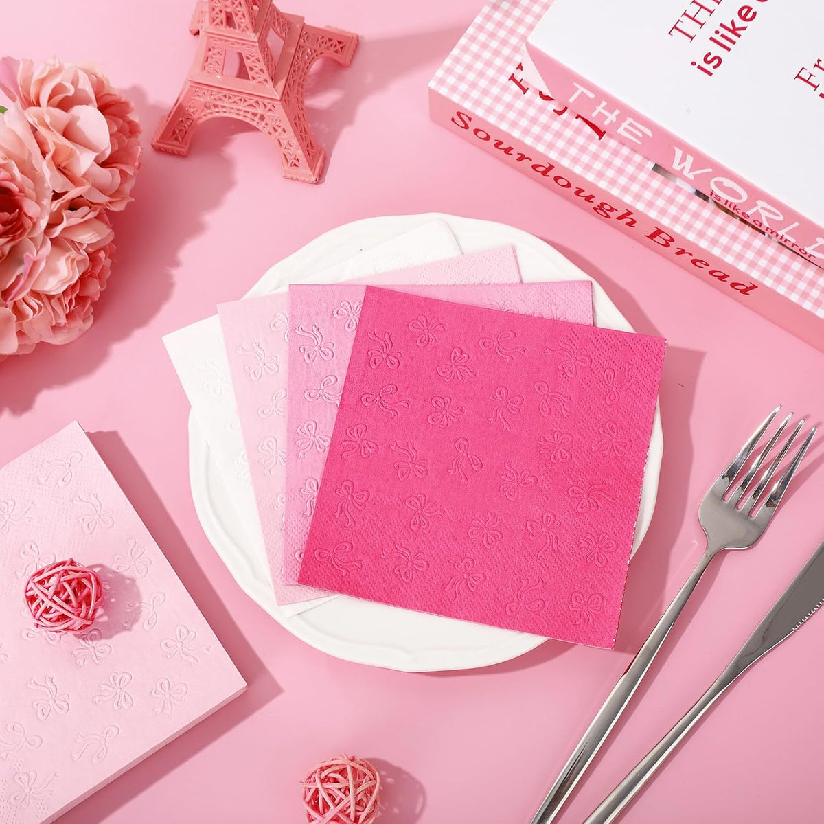 100Pcs Pink Bow Cocktail Napkins Coquette Cute Bow Embossed Paper Napkin Pink Bowknot Disposable Beverage Napkin for Bachelorette Birthday Party Supplies(4 Colors, 3 Ply)