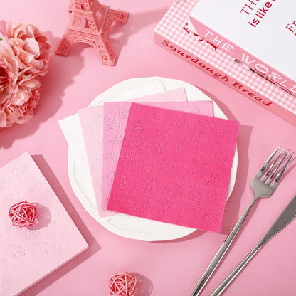 100Pcs Pink Bow Cocktail Napkins Coquette Cute Bow Embossed Paper Napkin Pink Bowknot Disposable Beverage Napkin for Bachelorette Birthday Party Supplies(4 Colors, 3 Ply)