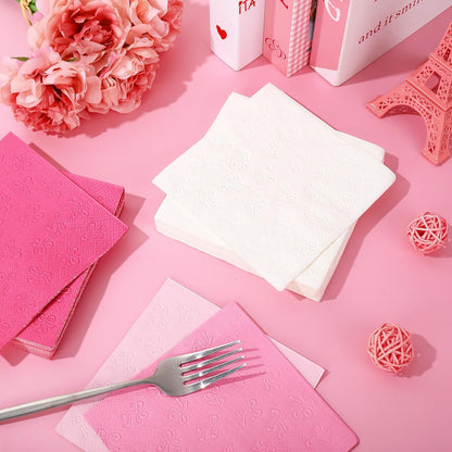 100Pcs Pink Bow Cocktail Napkins Coquette Cute Bow Embossed Paper Napkin Pink Bowknot Disposable Beverage Napkin for Bachelorette Birthday Party Supplies(4 Colors, 3 Ply)