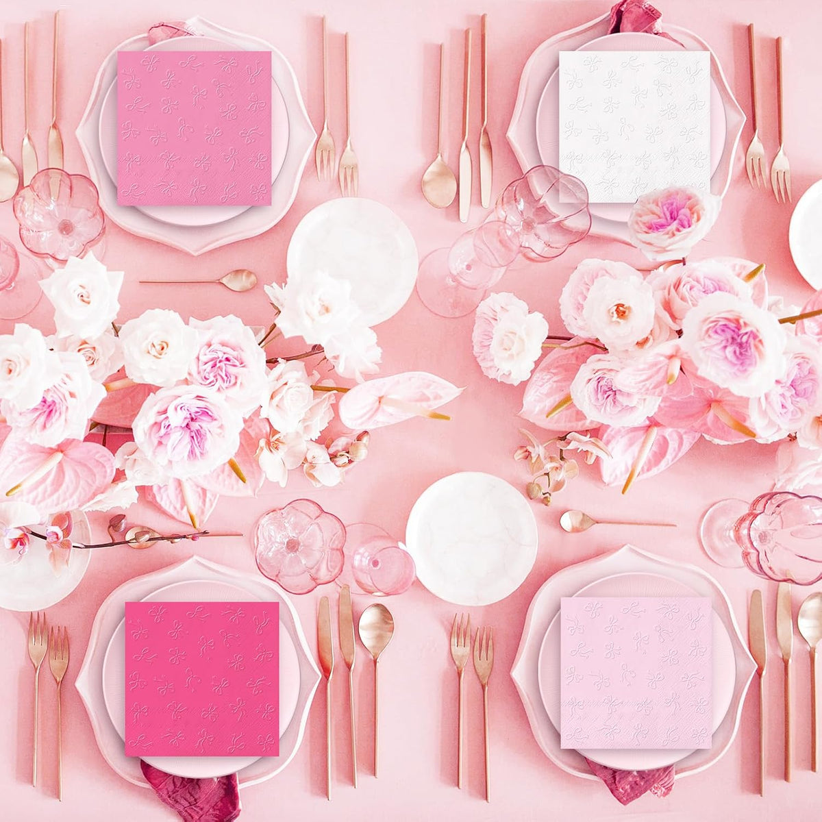 100Pcs Pink Bow Cocktail Napkins Coquette Cute Bow Embossed Paper Napkin Pink Bowknot Disposable Beverage Napkin for Bachelorette Birthday Party Supplies(4 Colors, 3 Ply)