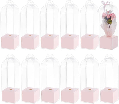 12Pcs Single Rose Flower Box Empty Bag, Clear Flower Packing Boxes Flower Gift Boxes for Graduation Wedding Birthday Floral Gift Floral Arrangement Supply, Pink