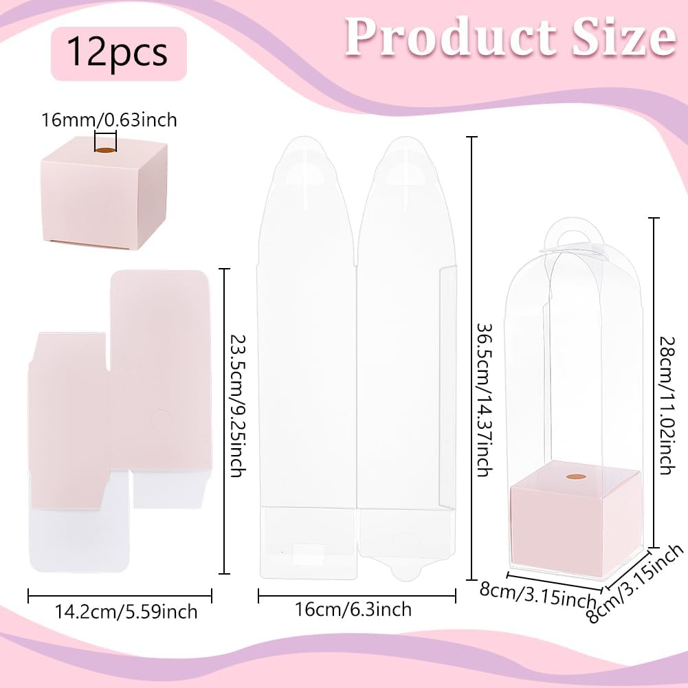 12Pcs Single Rose Flower Box Empty Bag, Clear Flower Packing Boxes Flower Gift Boxes for Graduation Wedding Birthday Floral Gift Floral Arrangement Supply, Pink