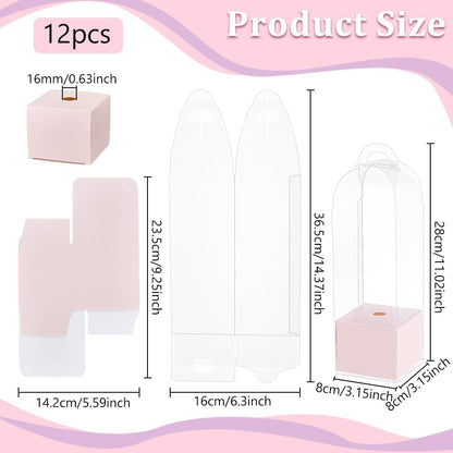 12Pcs Single Rose Flower Box Empty Bag, Clear Flower Packing Boxes Flower Gift Boxes for Graduation Wedding Birthday Floral Gift Floral Arrangement Supply, Pink