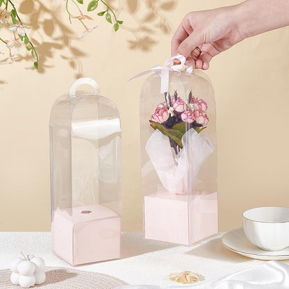12Pcs Single Rose Flower Box Empty Bag, Clear Flower Packing Boxes Flower Gift Boxes for Graduation Wedding Birthday Floral Gift Floral Arrangement Supply, Pink