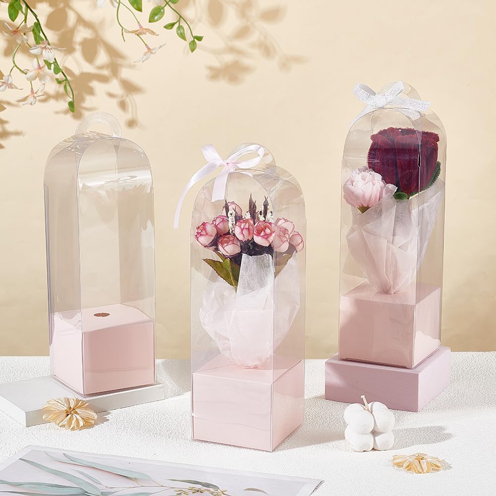 12Pcs Single Rose Flower Box Empty Bag, Clear Flower Packing Boxes Flower Gift Boxes for Graduation Wedding Birthday Floral Gift Floral Arrangement Supply, Pink