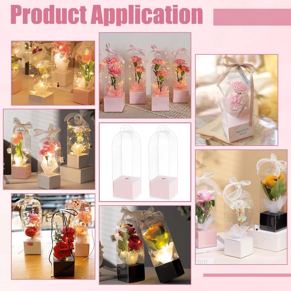 12Pcs Single Rose Flower Box Empty Bag, Clear Flower Packing Boxes Flower Gift Boxes for Graduation Wedding Birthday Floral Gift Floral Arrangement Supply, Pink