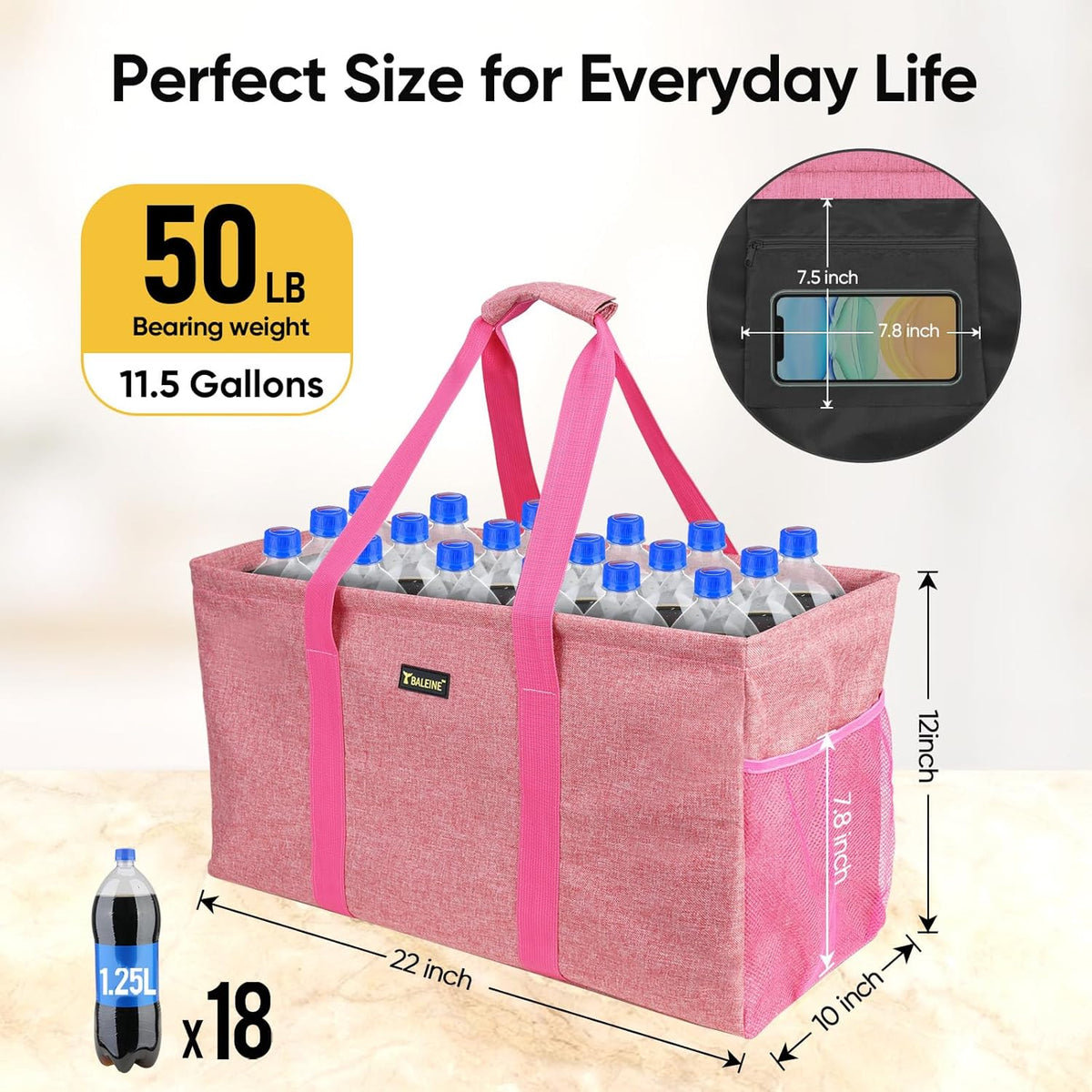 Extra Large Utility Tote Bag with Wire Frame for Storage (Pink, 22''x12''x10'')