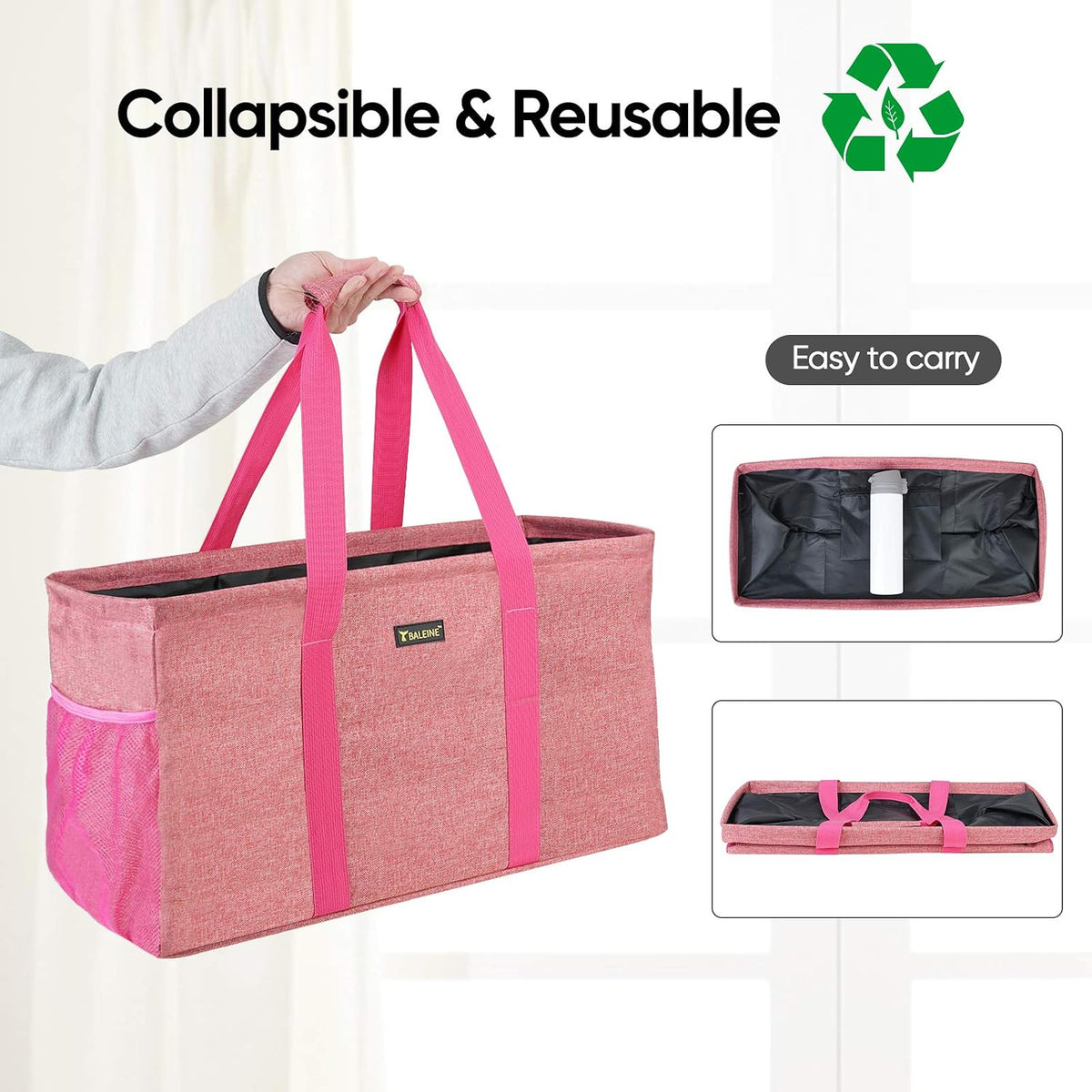 Extra Large Utility Tote Bag with Wire Frame for Storage (Pink, 22''x12''x10'')