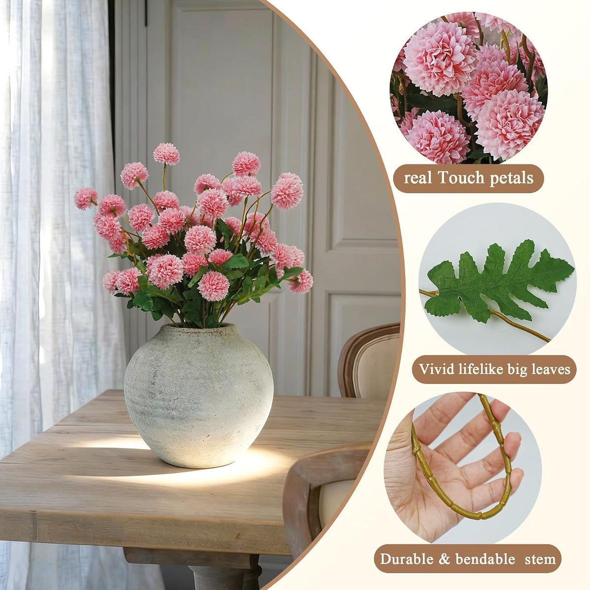 6pcs Beige Faux Silk Mums Artificial Flowers, Mini Fake Flower
