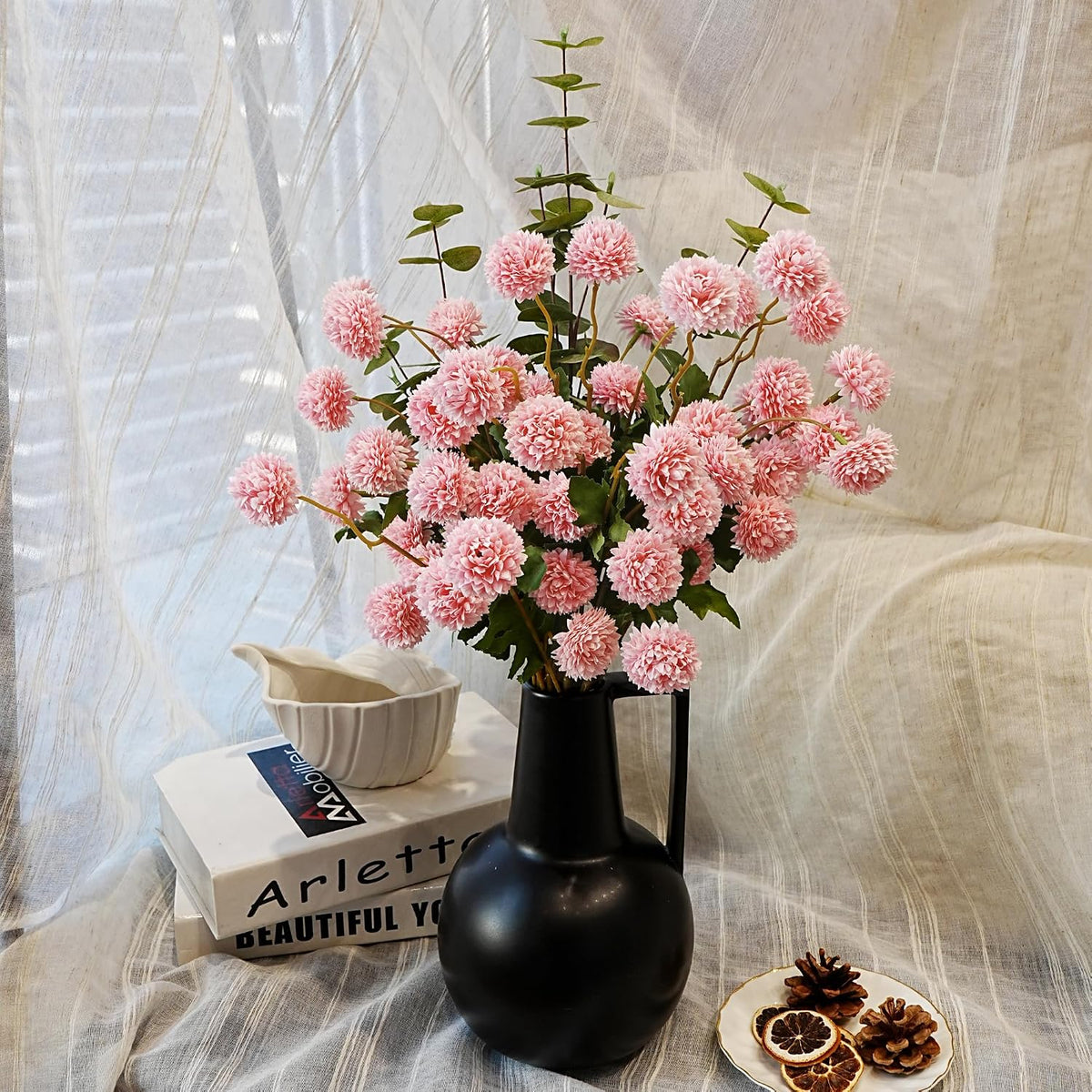 6pcs Beige Faux Silk Mums Artificial Flowers, Mini Fake Flower