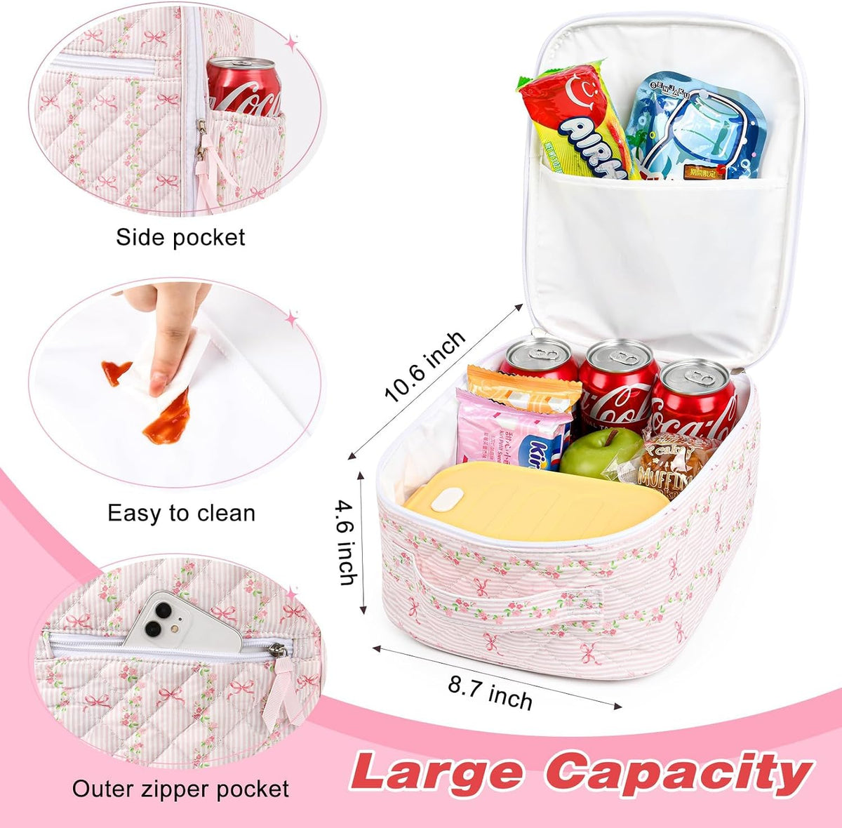 Lunch Box Lunch Bag for Women Cute Girls Insulated Womens Lunch Bag For Work Quilted Large Capacity Reusable Insulated Cooler for Work Picnic Travel Pink Bow Flower