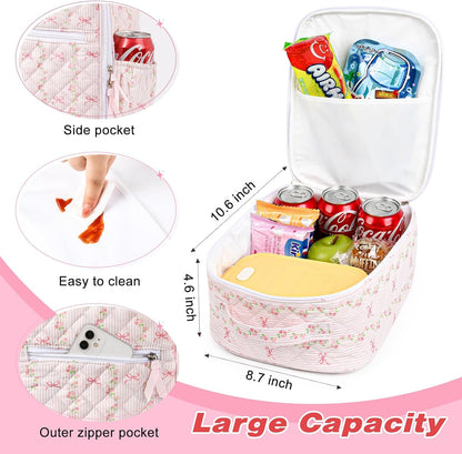 Lunch Box Lunch Bag for Women Cute Girls Insulated Womens Lunch Bag For Work Quilted Large Capacity Reusable Insulated Cooler for Work Picnic Travel Pink Bow Flower