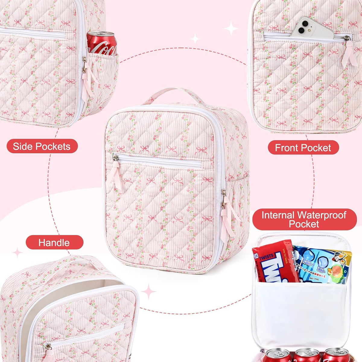 Lunch Box Lunch Bag for Women Cute Girls Insulated Womens Lunch Bag For Work Quilted Large Capacity Reusable Insulated Cooler for Work Picnic Travel Pink Bow Flower