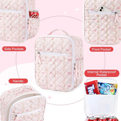 Lunch Box Lunch Bag for Women Cute Girls Insulated Womens Lunch Bag For Work Quilted Large Capacity Reusable Insulated Cooler for Work Picnic Travel Pink Bow Flower