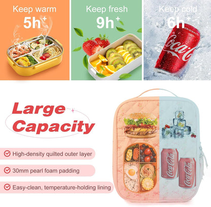Lunch Box Lunch Bag for Women Cute Girls Insulated Womens Lunch Bag For Work Quilted Large Capacity Reusable Insulated Cooler for Work Picnic Travel Pink Bow Flower