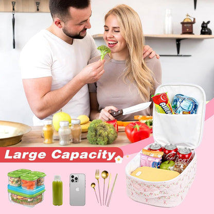 Lunch Box Lunch Bag for Women Cute Girls Insulated Womens Lunch Bag For Work Quilted Large Capacity Reusable Insulated Cooler for Work Picnic Travel Pink Bow Flower