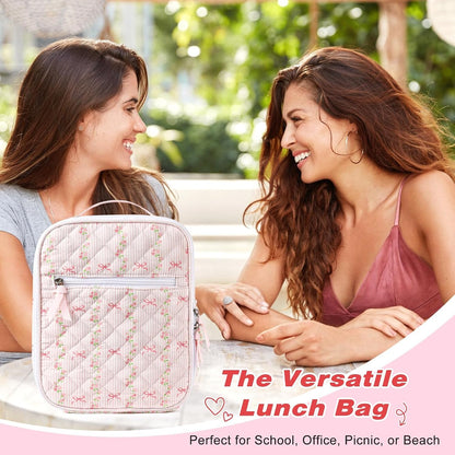 Lunch Box Lunch Bag for Women Cute Girls Insulated Womens Lunch Bag For Work Quilted Large Capacity Reusable Insulated Cooler for Work Picnic Travel Pink Bow Flower