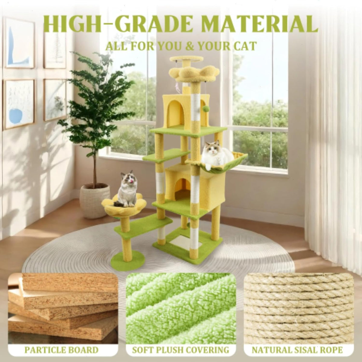 71" Flower Cute Cat Tree for Indoor Cats Large Adult, Tall Cat Tower with Scratching Post & Condo, Hammock, Aesthetic Cats Stand, Modern, Easy Assembly (Pink)