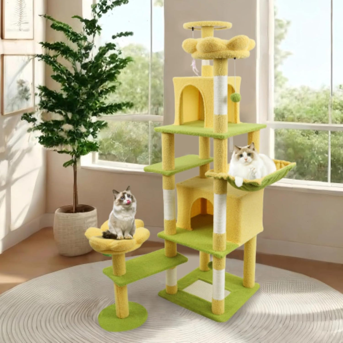 71" Flower Cute Cat Tree for Indoor Cats Large Adult, Tall Cat Tower with Scratching Post & Condo, Hammock, Aesthetic Cats Stand, Modern, Easy Assembly (Pink)