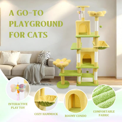 71" Flower Cute Cat Tree for Indoor Cats Large Adult, Tall Cat Tower with Scratching Post & Condo, Hammock, Aesthetic Cats Stand, Modern, Easy Assembly (Pink)