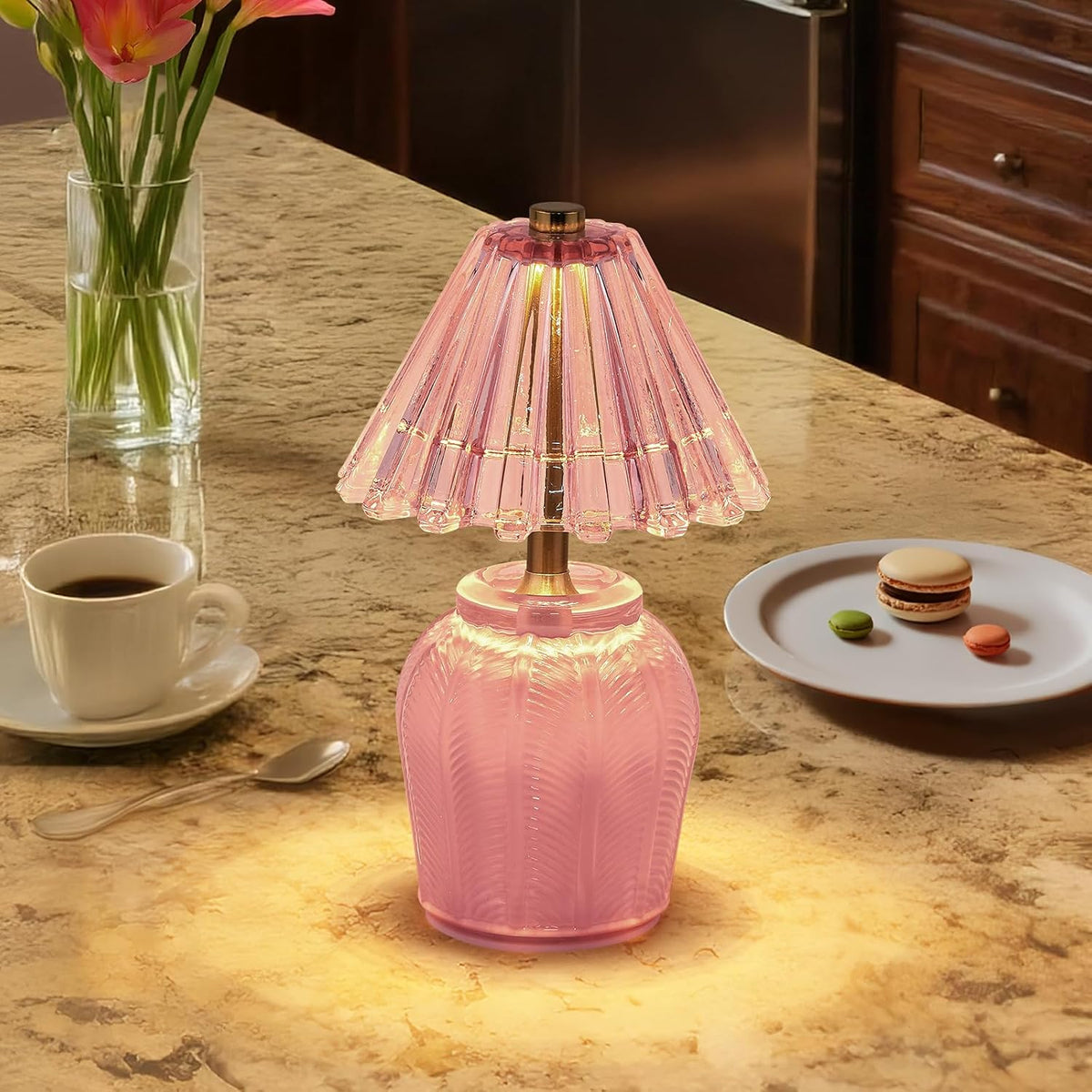 Small Battery Operated Lamp with Timer, Cream Pink