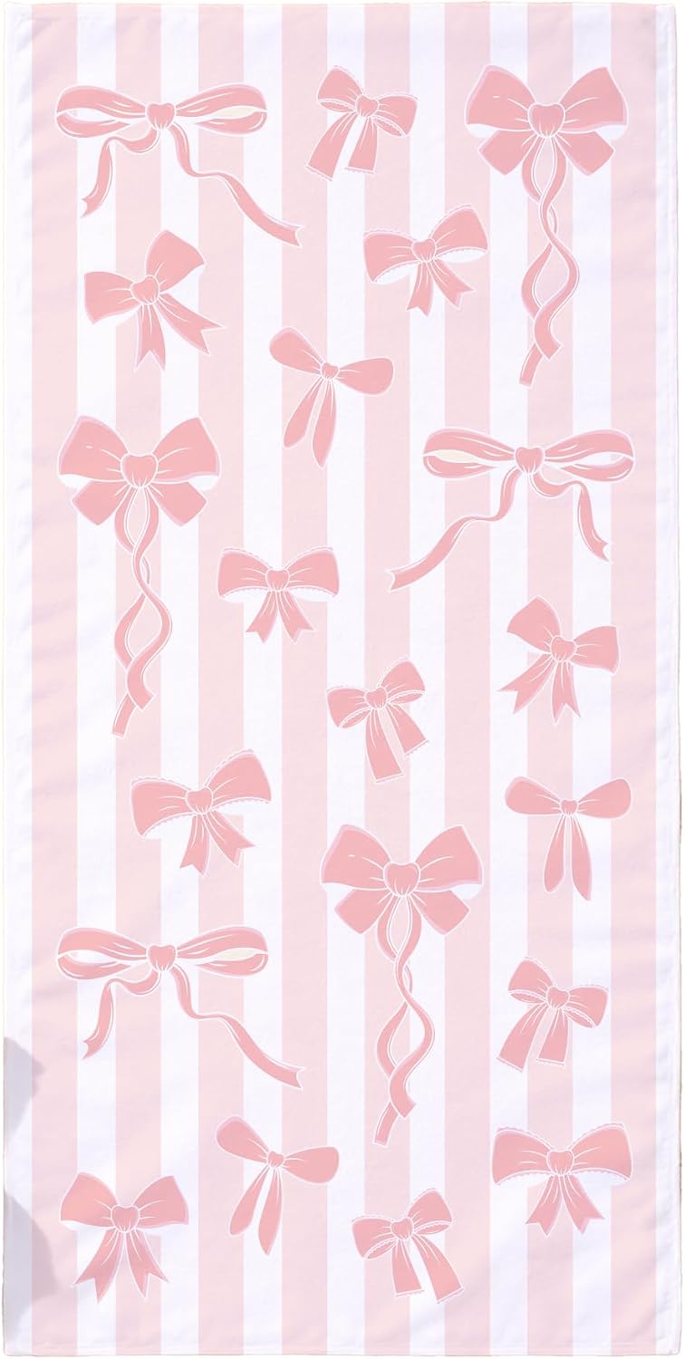 Pink Bow Beach Towel – Chic Preppy Ribbon Design, Soft Absorbent Oversized Pool & Beach Towel for Girls, Teens & Women