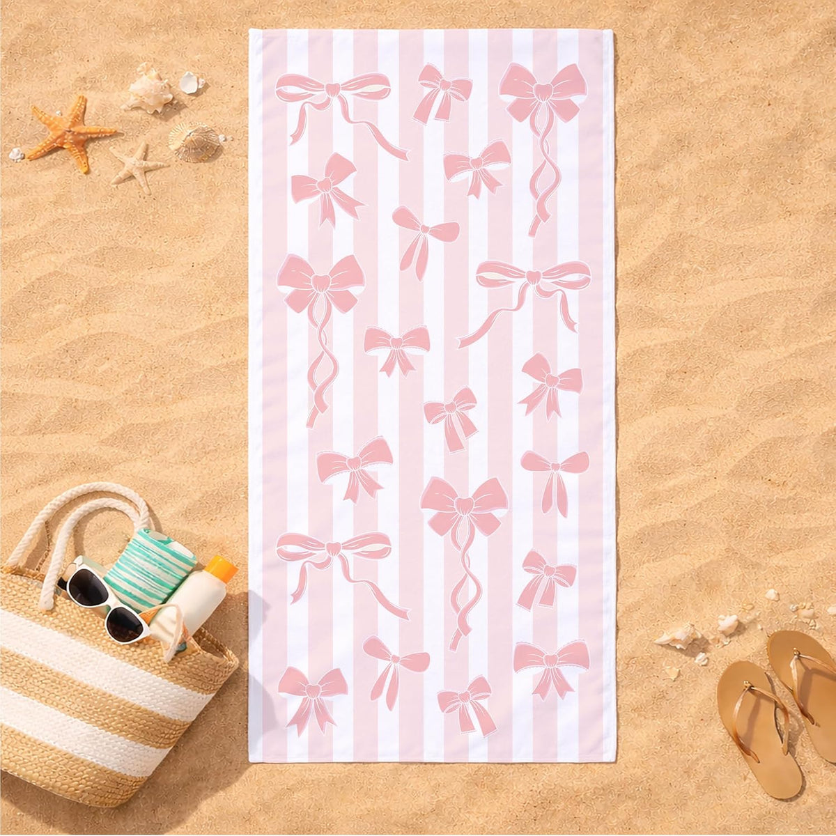 Pink Bow Beach Towel – Chic Preppy Ribbon Design, Soft Absorbent Oversized Pool & Beach Towel for Girls, Teens & Women