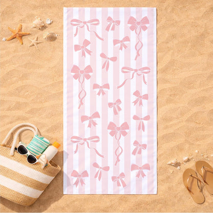 Pink Bow Beach Towel – Chic Preppy Ribbon Design, Soft Absorbent Oversized Pool & Beach Towel for Girls, Teens & Women
