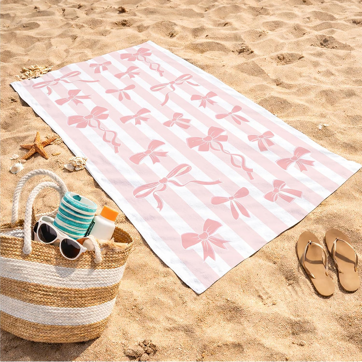 Pink Bow Beach Towel – Chic Preppy Ribbon Design, Soft Absorbent Oversized Pool & Beach Towel for Girls, Teens & Women