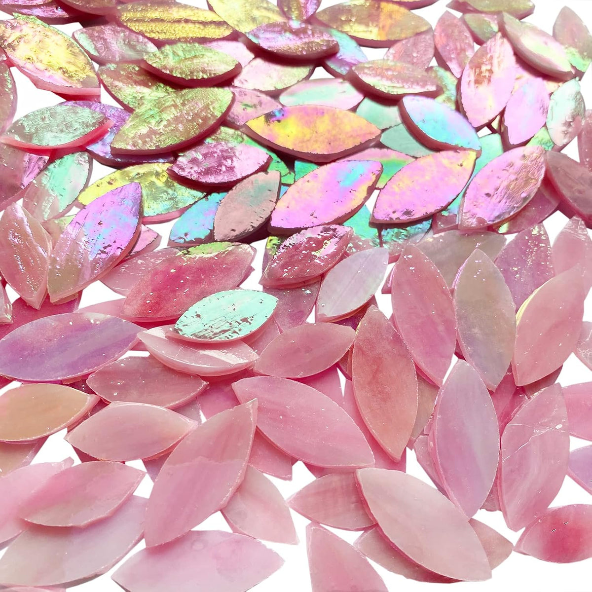 120 Pcs Iridescent Pink Petal Mosaic Tiles, Hand Cut Stained Glass Petals, Floral Mosaic Tiles, Tiffany Glass Flower Petals Supplies Kit for Mosaics and Crafts, Mixed Sizes