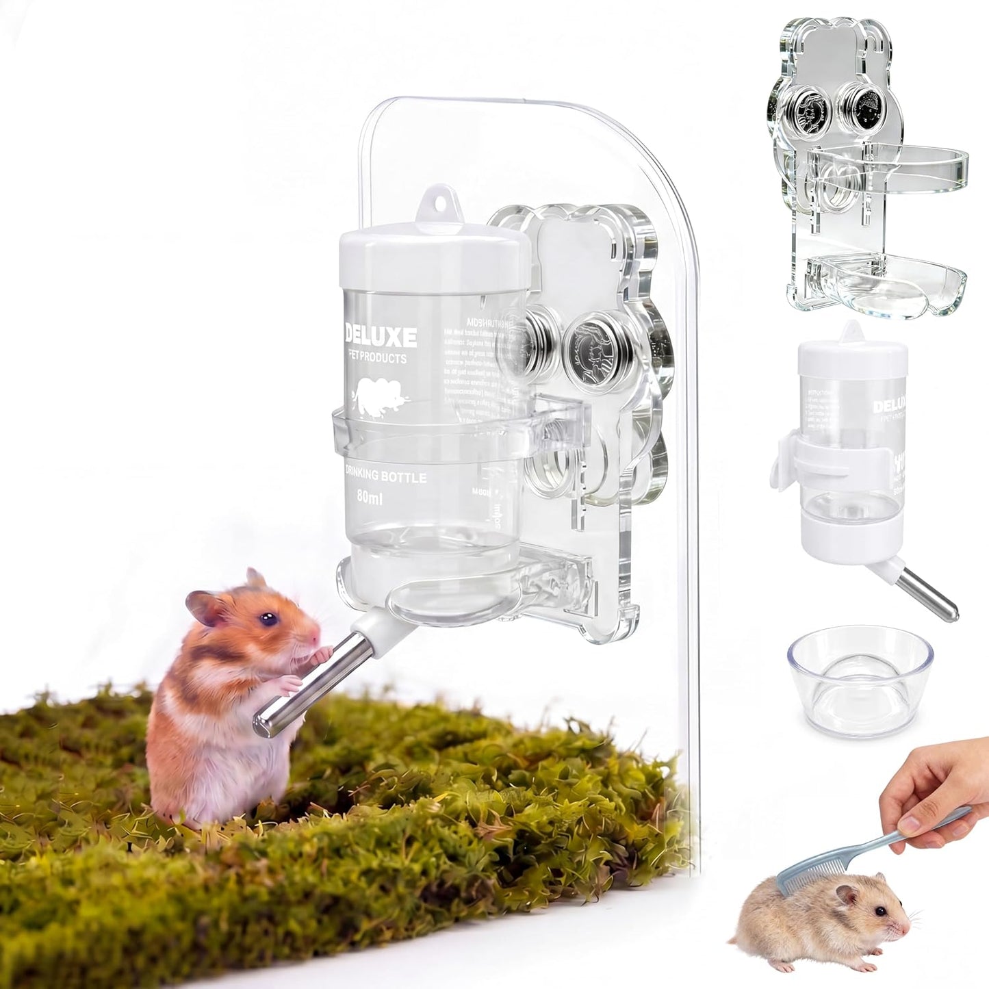 Magnetic Hamster Water Bottle Holder with 80ml Bottle & Feeding Bowl, Adjustable Height, Drop-Resistant, for Hamsters Gerbils Mice Small Pets (1.8×2.4×3.9 in)