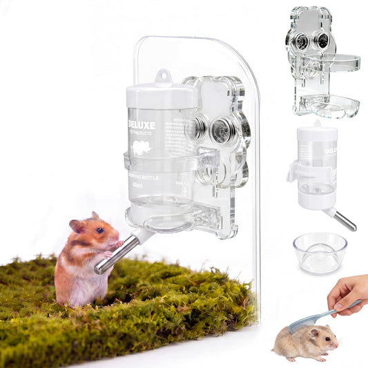 Magnetic Hamster Water Bottle Holder with 80ml Bottle & Feeding Bowl, Adjustable Height, Drop-Resistant, for Hamsters Gerbils Mice Small Pets (1.8×2.4×3.9 in)