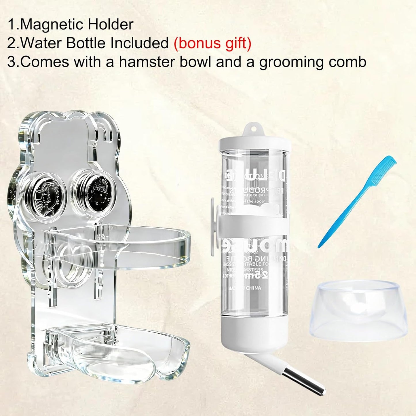 Magnetic Hamster Water Bottle Holder with 80ml Bottle & Feeding Bowl, Adjustable Height, Drop-Resistant, for Hamsters Gerbils Mice Small Pets (1.8×2.4×3.9 in)