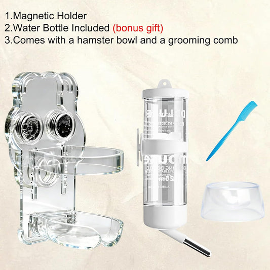 Magnetic Hamster Water Bottle Holder with 80ml Bottle & Feeding Bowl, Adjustable Height, Drop-Resistant, for Hamsters Gerbils Mice Small Pets (1.8×2.4×3.9 in)