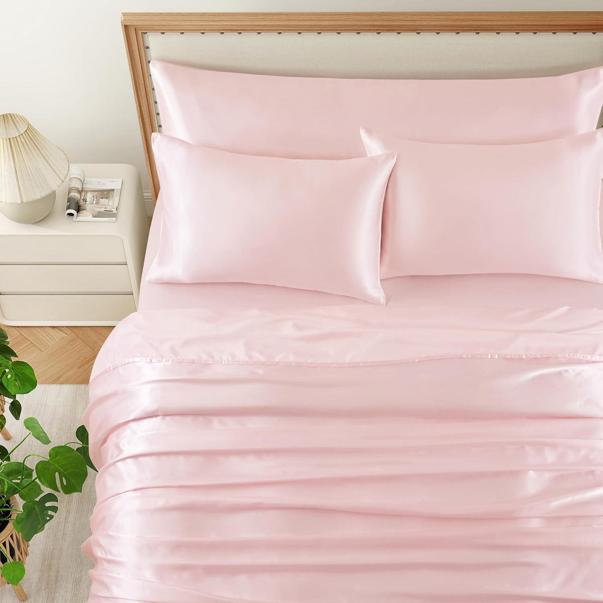 5Pcs Blush Pink Silk Sheets Queen, Blush Pink Satin Sheets Set Silky Comforter Bedding Sheets with 1 Satin Flat Sheet,1Deep Pocket Fitted Sheet,3 Pillowcases with Envelope Closure