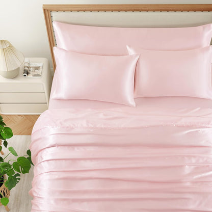 5Pcs Blush Pink Silk Sheets Queen, Blush Pink Satin Sheets Set Silky Comforter Bedding Sheets with 1 Satin Flat Sheet,1Deep Pocket Fitted Sheet,3 Pillowcases with Envelope Closure