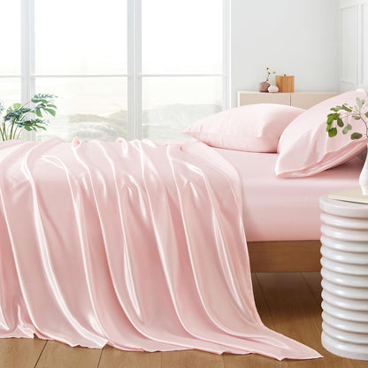 5Pcs Blush Pink Silk Sheets Queen, Blush Pink Satin Sheets Set Silky Comforter Bedding Sheets with 1 Satin Flat Sheet,1Deep Pocket Fitted Sheet,3 Pillowcases with Envelope Closure