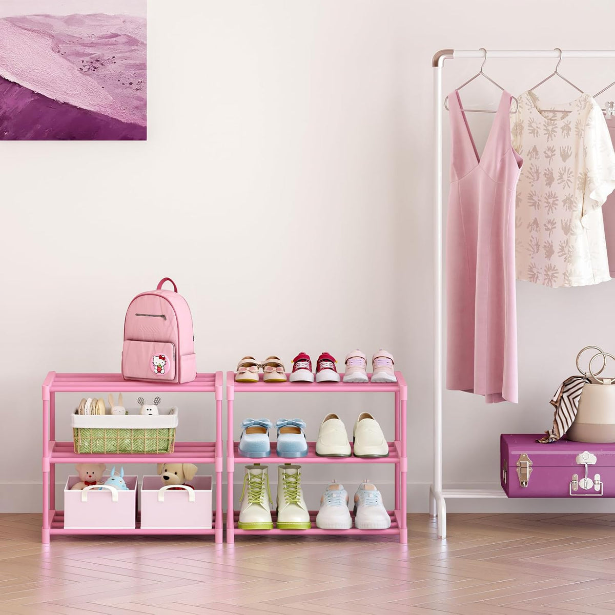 3-Tier Pink Shoe Racks for Women/Girls/Kids' Closet, for 5-7 Pairs
