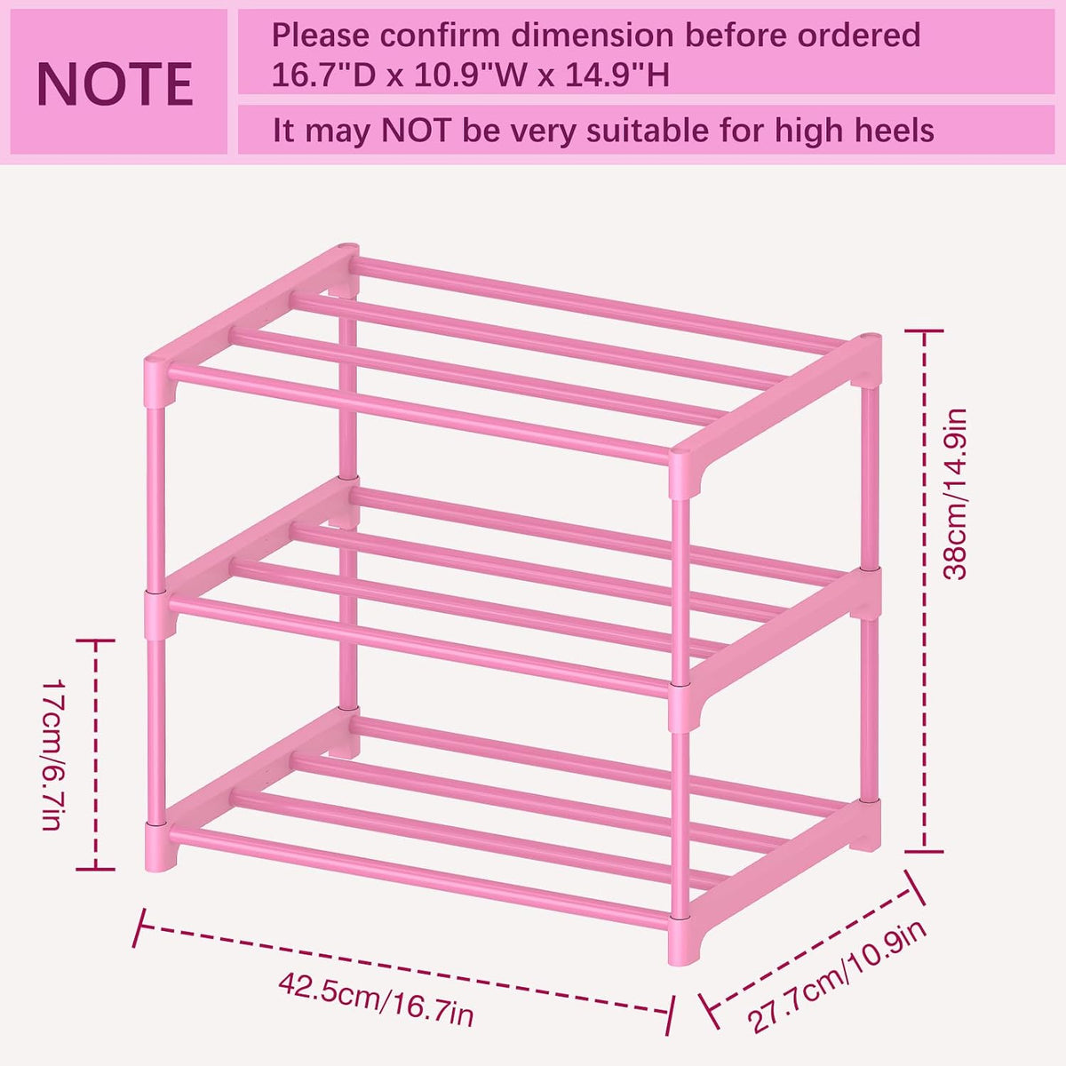 3-Tier Pink Shoe Racks for Women/Girls/Kids' Closet, for 5-7 Pairs