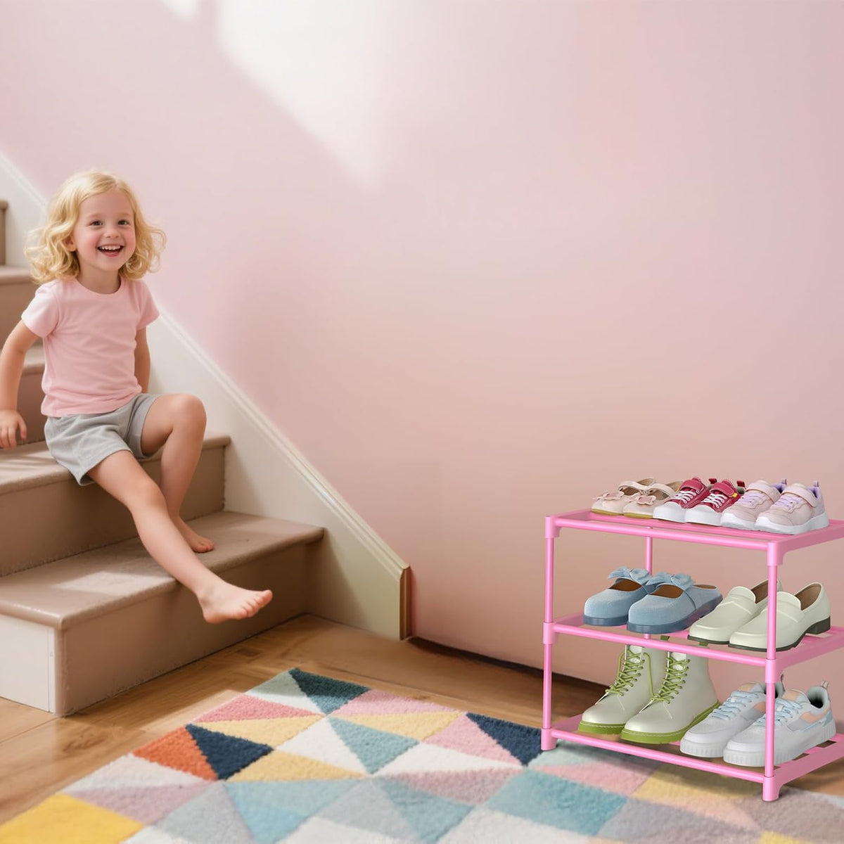 3-Tier Pink Shoe Racks for Women/Girls/Kids' Closet, for 5-7 Pairs